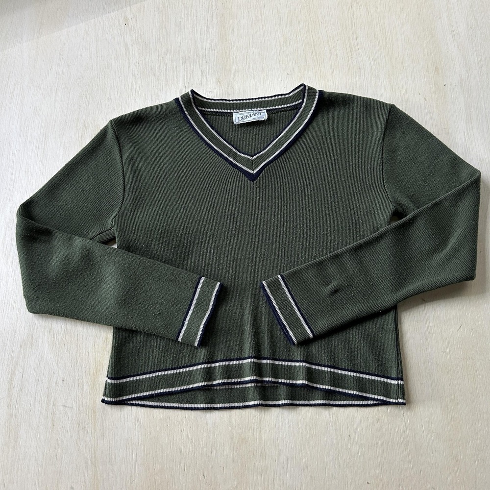 Vintage Domani Sweater Youth Small Green V Neck Striped Trim Tight-Knit Pullover